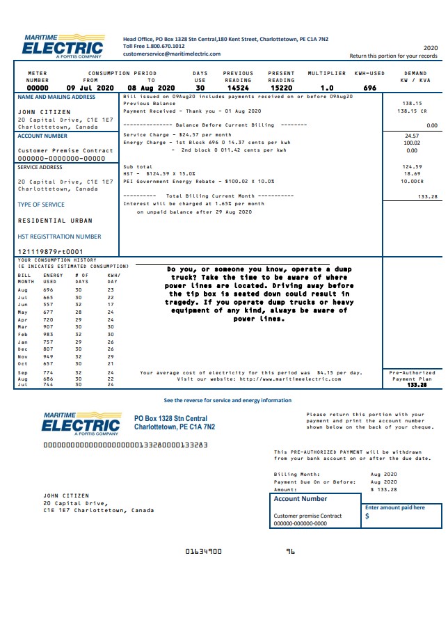 Canada Maritime Electric utility bill template in Word and PDF format